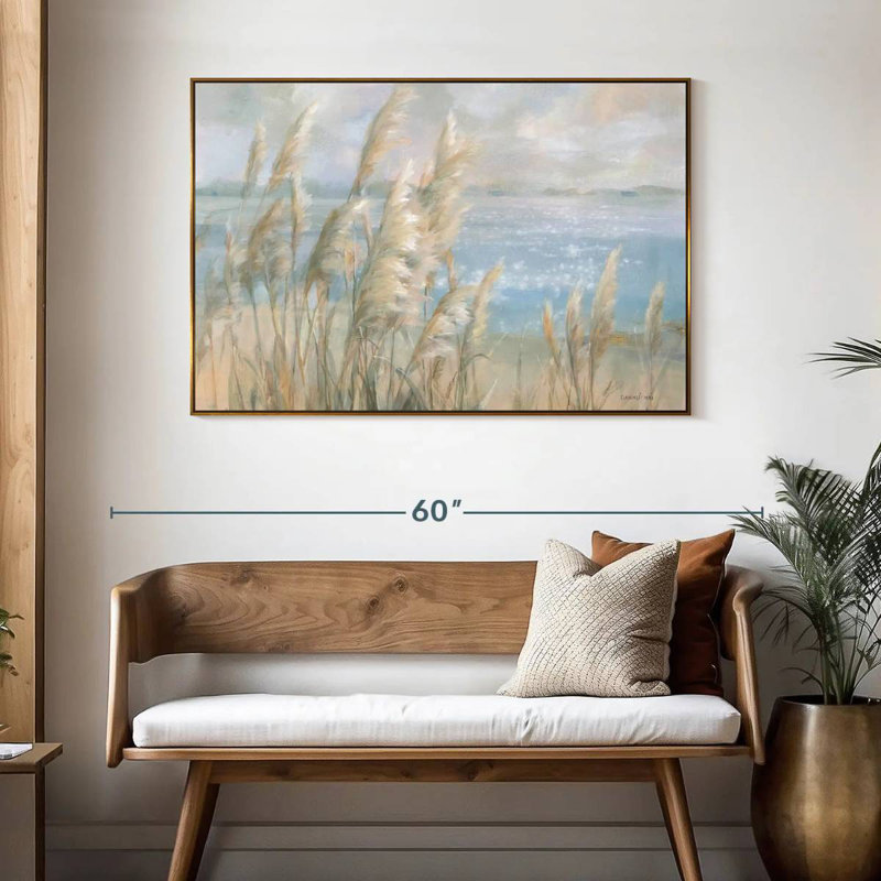 Herbe de la pampa au bord de la mer, 46 po x 31 po, Cadre flottant doré