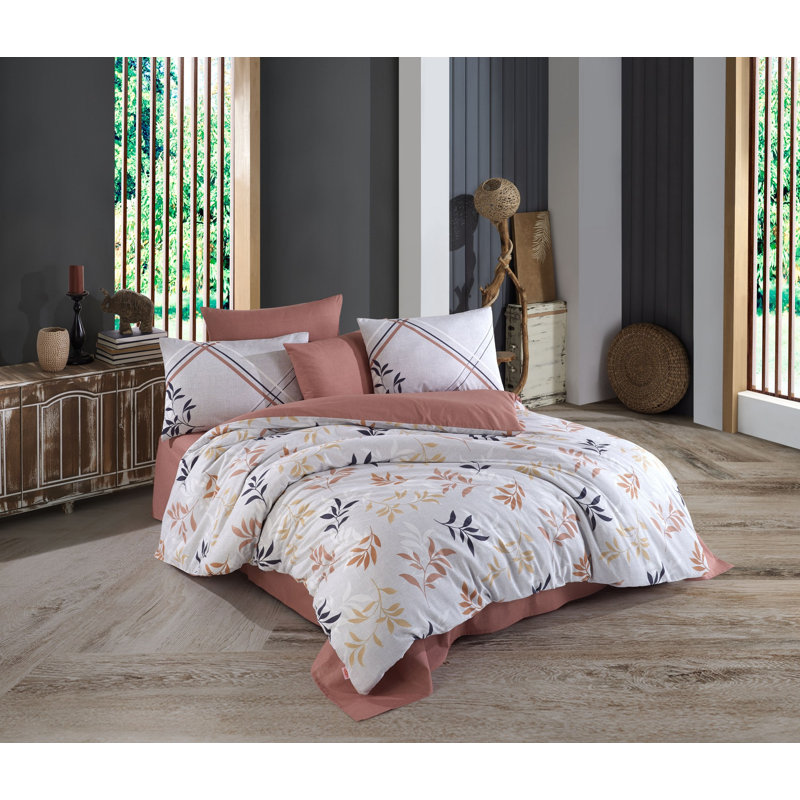 Ensemble de housse de couette double Luxury Ranforce, 100% coton, housse de couette 79 x 87, drap plat 94 x 102, 2 taies d'oreiller 20 x 28 | Lavable à la machine, 132 fils au pouce, design élégant brun, blanc et bleu foncé, fermeture à boutons