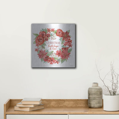 The Holiday Aisle® 'Christmas Faith, Hope & Love Wreath' by Cindy Jacobs, Metal Wall Art, 24"x24"