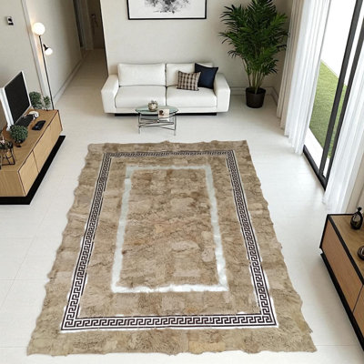 Light Brown Tuscan Leather Rug, Rectangular Greek Key Border Area Carpet