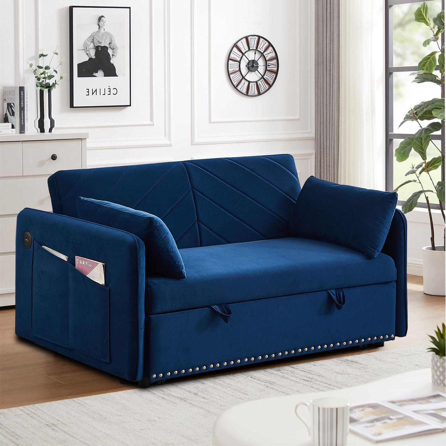 Hokku Designs Convertible Velvet Sleeper Sofa Bed with Pull-Out Trundle ...