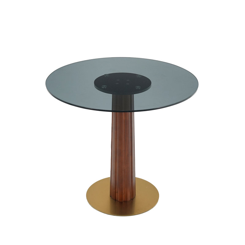 Table de salle à manger ronde moderne, table en verre trempé avec pied et base en bois, table de cuisine pour 2 personnes