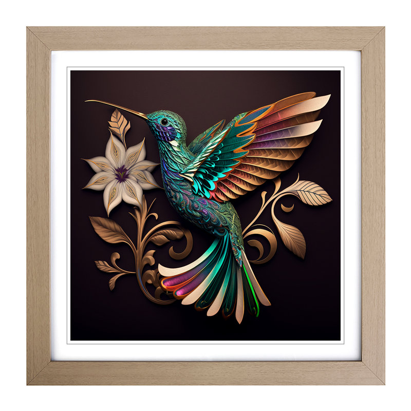 Hummingbird Ornamental - Single Picture Frame Print on Wood, Oak