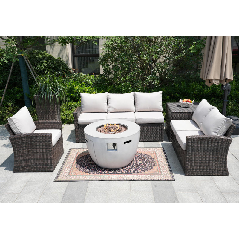 - Person Patio Conversation Set with Cushions, White, Brown