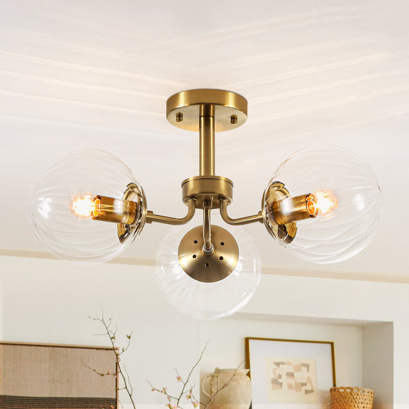 Aurellia 3 - Light White Globe Ribbed Glass Semi Flush Mount Ceiling Light, Clear