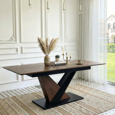 Scratch- Dining Table, Extendable, + Solid Wood Veneer, Metal Cross Base, Dark Walnut Extendable Rectangular Table For Kitchen Arrangement, Tabletop,