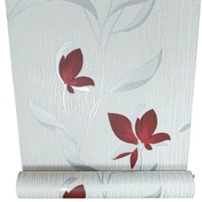 White Silver Red Floral Metallic Shimmer Glitter Textured Wallpaper