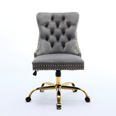 Chaise de bureau pivotante réglable en velours gris, style moderne, base en métal doré, boutons avec boutons tirés à la main, coussin à structure élastique triple, fonction de bureau en velours à garniture cloutée décorative,