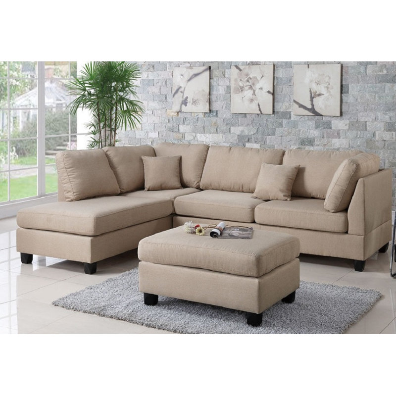 Sylko 3 - Piece Upholstered Reversible Sectional with Ottoman, Sand Polyester Blend