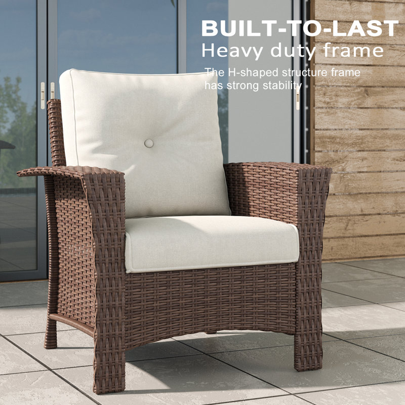3 Piece Wicker Patio Furniture Set, Classis Outdoor Conversation Armrest Chairs Set With Coffee Table, Beige, Brown