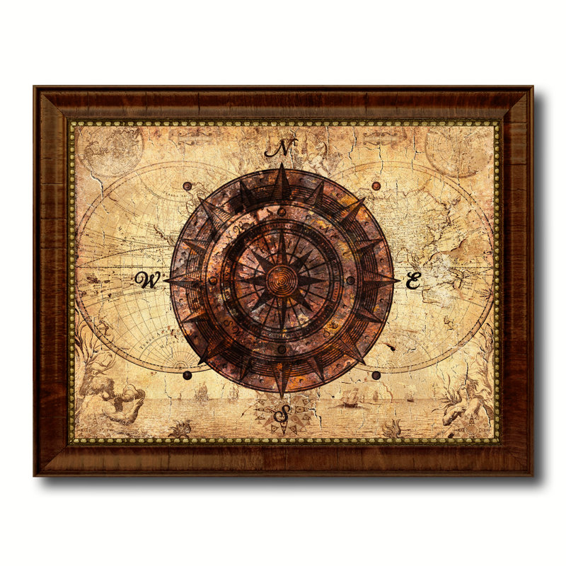 " Compass Nautical Vintage Map ", 18" H x 23" W, Brown Framed