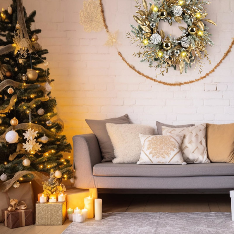 Décoration de porte de Noël 20 pouces - 8 modes d'éclairage et minuterie, faite de baies dorées et de pin, rehausse la fonction de minuterie des lumières de 20 po Delight, boules faites à la main, pour une atmosphère festive