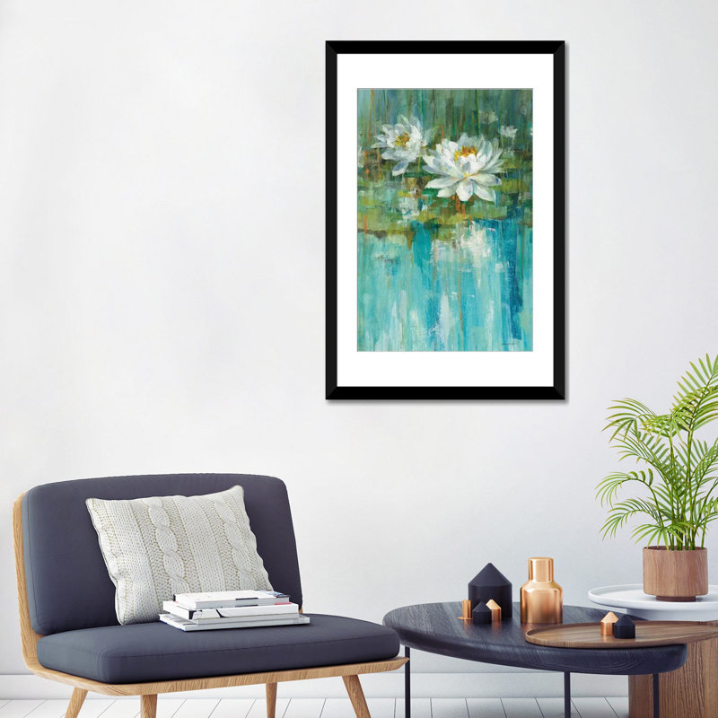 « water lily étang panel i », reproduction d’art sur toile, H 24 po x l 16 po x P 1 po, Papier d'art encadré noir, Blanc