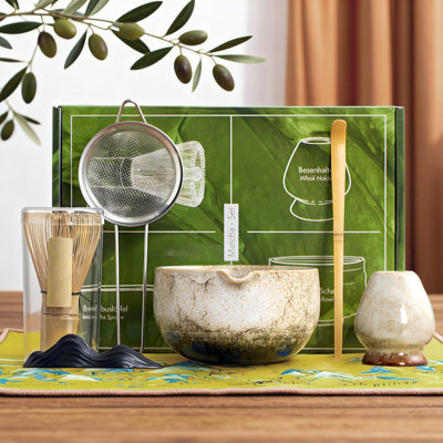 Ensemble complet de thé matcha 7 pièces - bol en céramique, fouet écologique 100 broches fabriqué à la main, pelle, support, torchon - ensemble de fouet à matcha japonais authentique pour débutants et amateurs - vert