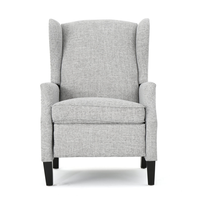 Light Grey Pushback Recliner Chair - Fabric Wingback With Nailhead Trim & Birch Wood Legs, Gray