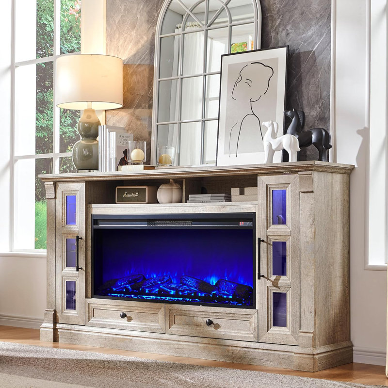 Farmhouse Tv Stand With Electric Fireplace, Light Rustic Oak