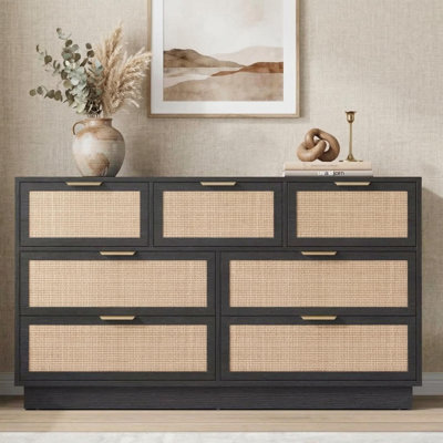 Rattan 7 Drawer Dresser, 55in Wide 7 Chest of Drawers with Metal Handles and Wooden Sturdy Base for Bedroom Living Room Nursery