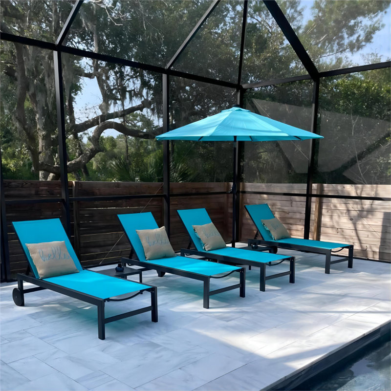  Outdoor Rust-Resistant Metal Chaise Lounge with Table (Set of 4), Blue