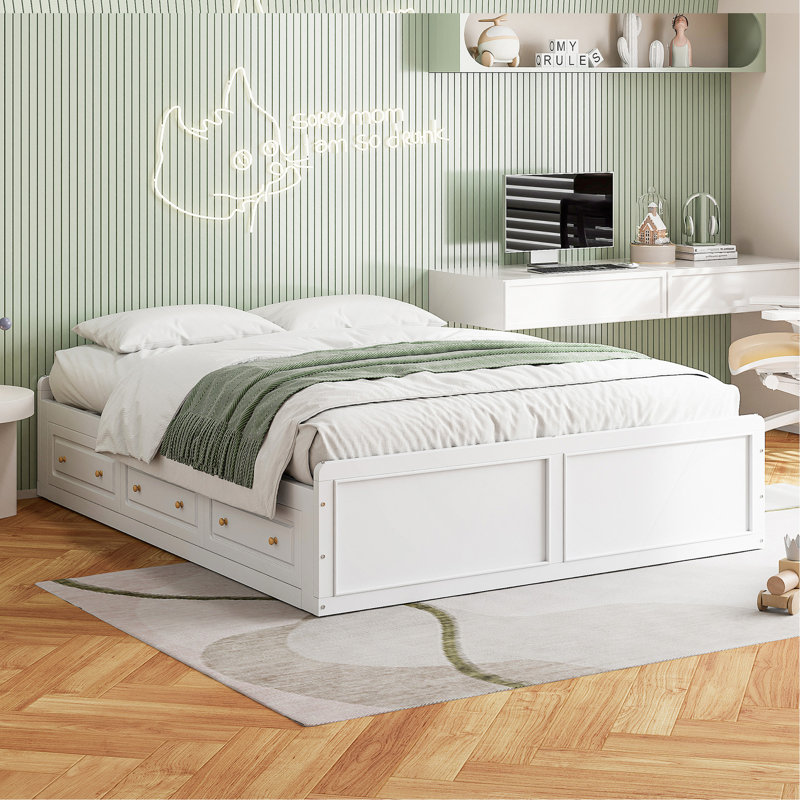 Structure de lit plateforme en bois avec 6 tiroirs, Blanc