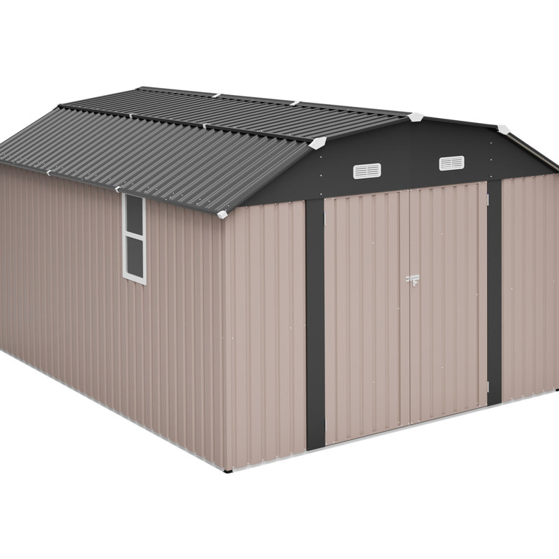 Remise de rangement extérieure robuste en acier galvanisé brun de 1012 pi avec structure de plancher, caractéristiques, toit en forme de losange et fenêtre transparente