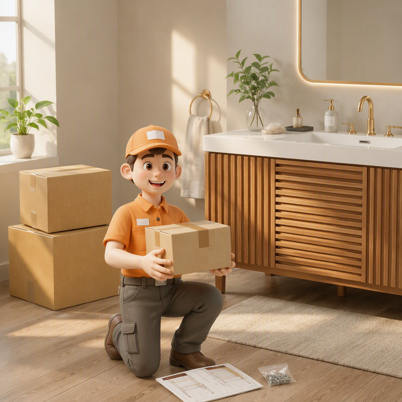 [Vidéo] Meuble-lavabo de 47,2 pouces avec lavabo en résine SMC, armoire en panneau de fibres à densité moyenne avec pieds en bois massif, portes et tiroirs à fermeture en douceur, tablettes réglables et armoire de rangement moderne pour la salle de bain.