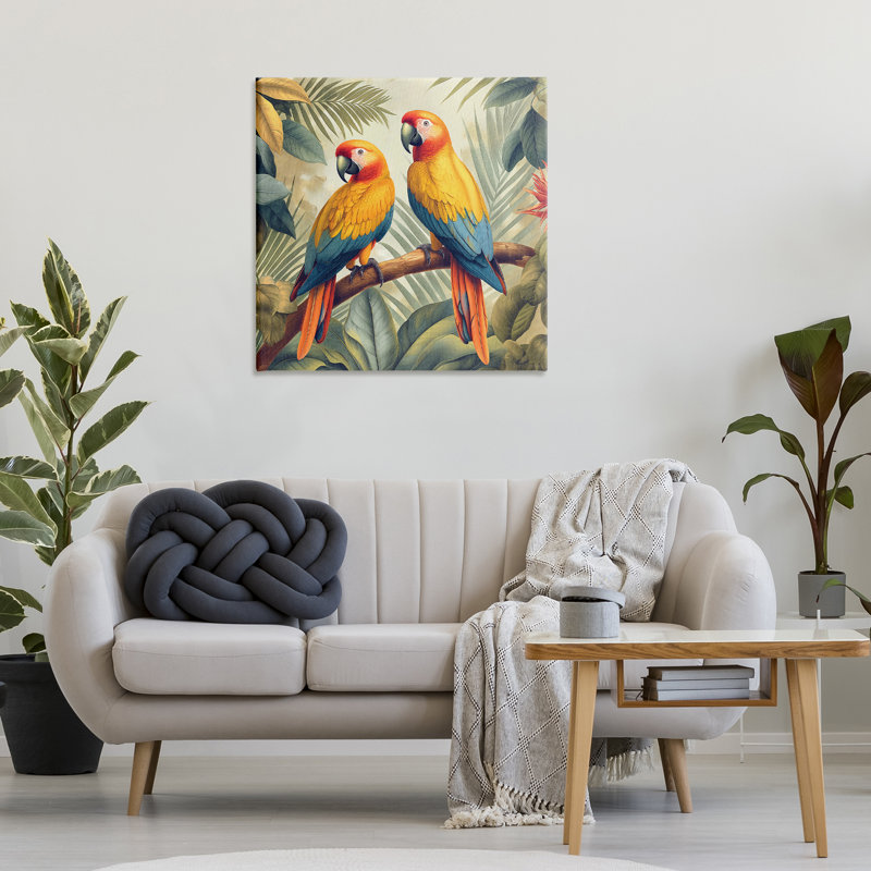 «Perroquet duo sur branche» par Steve Hunziker, H 30 po x l 30 po