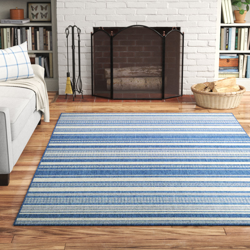 Sania Striped Indoor Outdoor Area Rug, Rectangle 7'6" x 10'9", Ivory / Blue