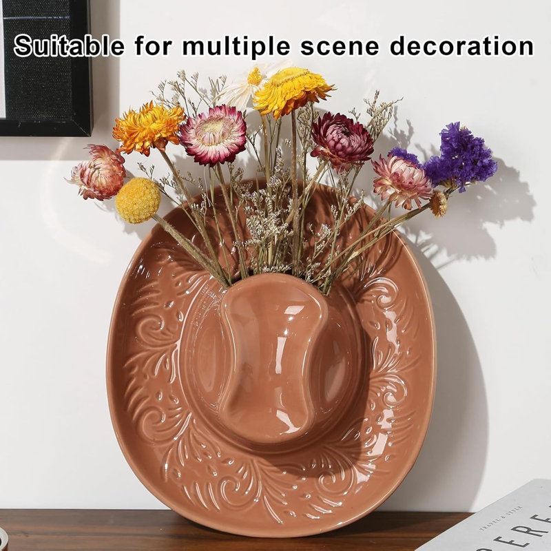 Ceramic Cowboy Hat Wall Planter Vase Brown