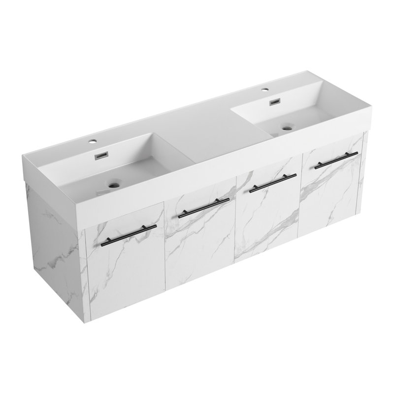 Meuble-lavabo mural avec lavabo, double rebord en résine épaisse, Blanc, Blanc
