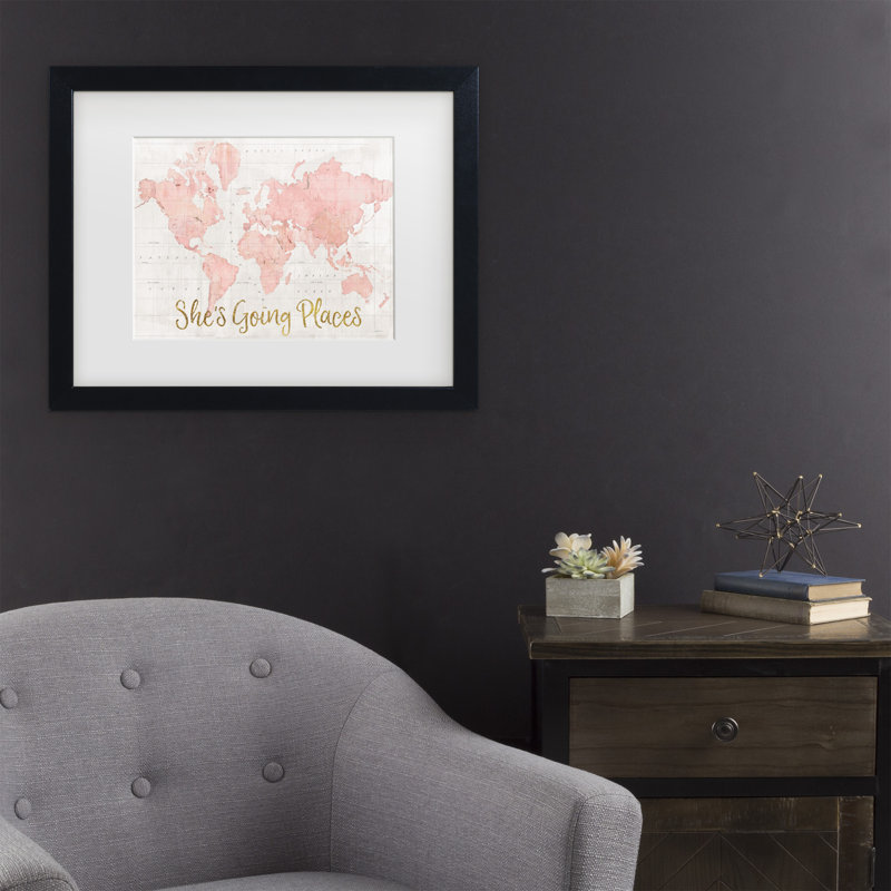 Art encadré mat Sue Schlabach «Across The World Shes Going Places Pink», H 13 po x l 16 po x P 0,75 po, Noir
