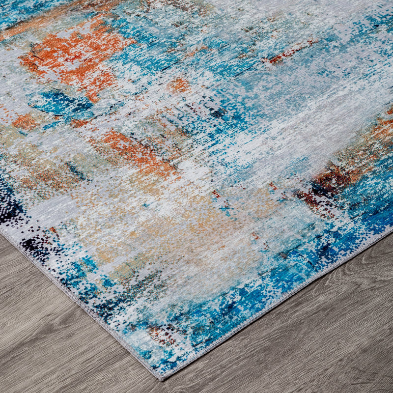 Abstract Area Rug in Blue, Rectangle 7'6" x 9'6"