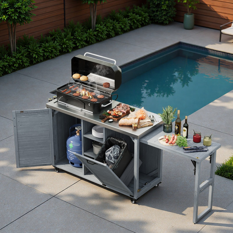 Îlot de cuisine extérieur avec table de barbecue pliable, rangement pour poubelle, plateau en acier inoxydable, grande armoire de rangement et tablettes ouvertes