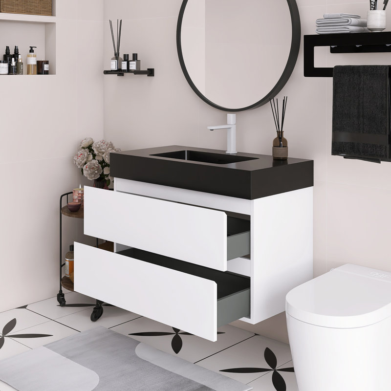 36" Wall Mounted Floating Bathroom Vanity With Sink Basin, White, Black