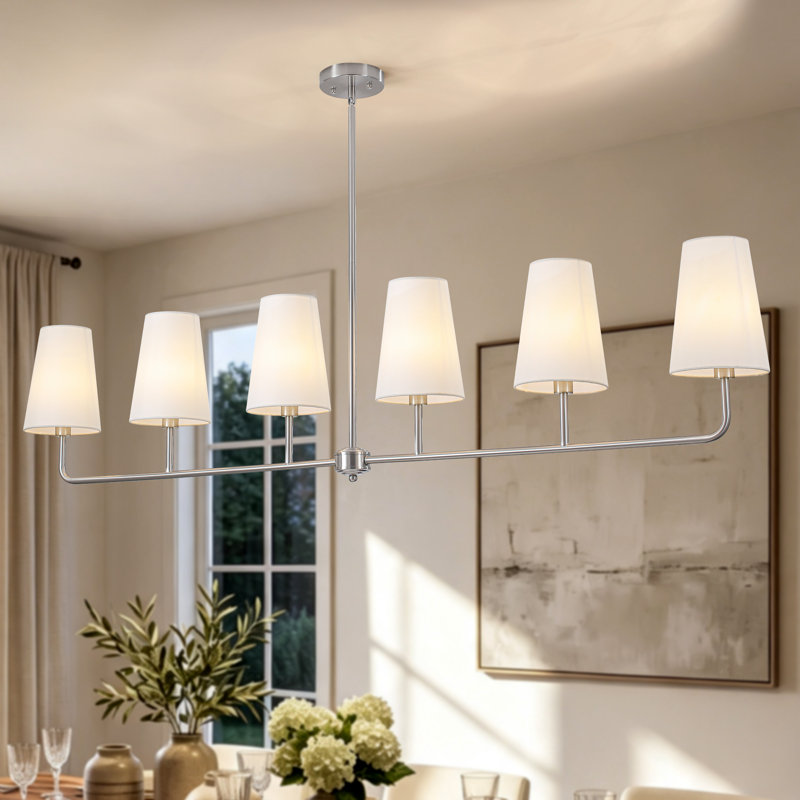 Lustre 6 lumières à abat-jour de style transitionnel linéaire à 6 lumières, Nickel, 6