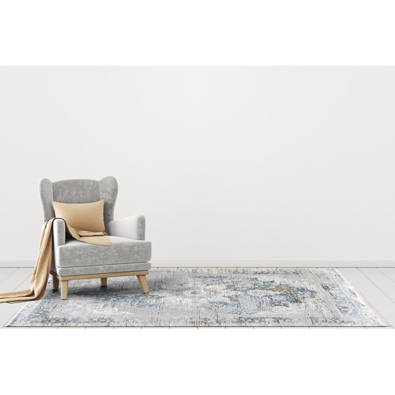 Tapis oriental gris / bleu Kaelyn, Rectangle 7 pi 10 po x 10 pi 10 po