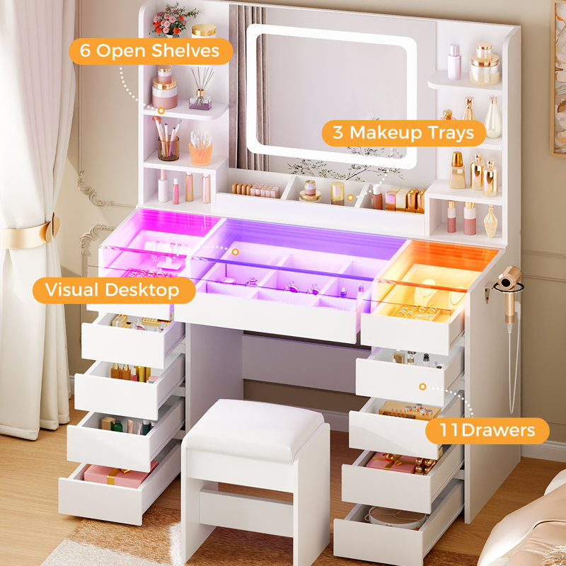 Adriel Modern Makeup Vanity Desk With LED Mirror, RGB Lighting, 11 Drawers, Glass Top, Charging Station & Hair Dryer Holder