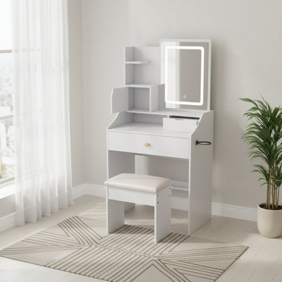 Pink LED Vanity Table W/ Stool, 3-Color Mirror & Power Hub