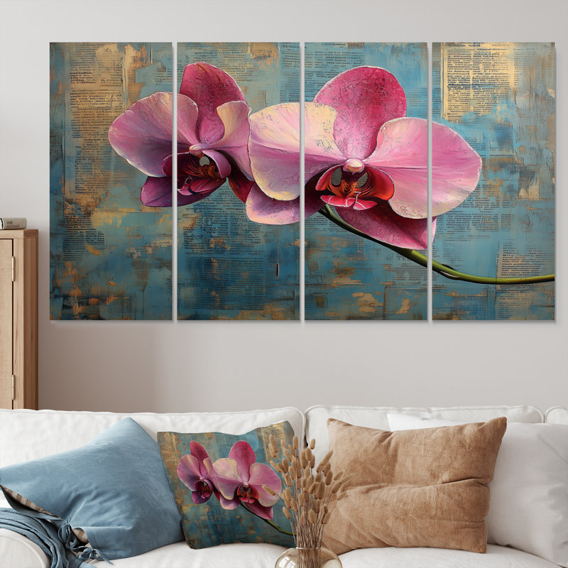 Orchidée rose exotique élégance II - ensemble d'art mural en toile orchidée, H 32 po x l 64 po