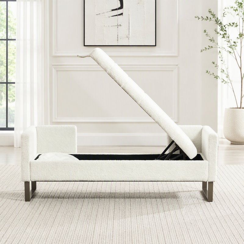 Banc de rangement avec tissu en chenille, accoudoirs et traversins, Ivoire ivoire