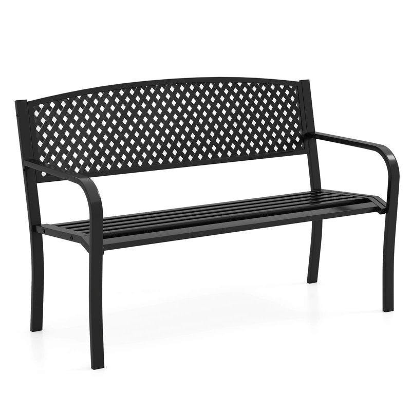 50 Inches Garden Bench Outdoor Bench with Patterned Backrest and Curved Armrests