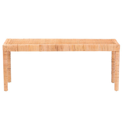 Banc à cadre rectangulaire avec siège tissé de style bohémien moderne, pieds droits en bois, embellissements naturels, hauteur de 19,88 po, largeur de 47,09, profondeur de 15,76, poids de 13,96 lb, et fabrication en brun