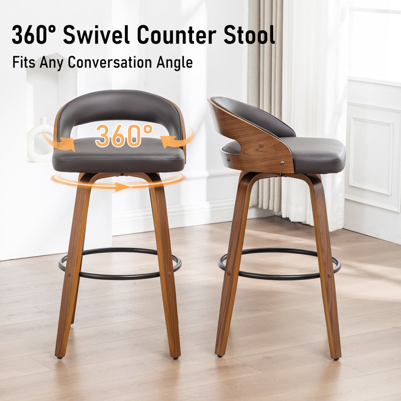 Modern Swivel Upholstered Counter Stool With 360° Swivel, Barrel Seat & Curved Backrest, Brown, Bar Stool (30" Seat Height)
