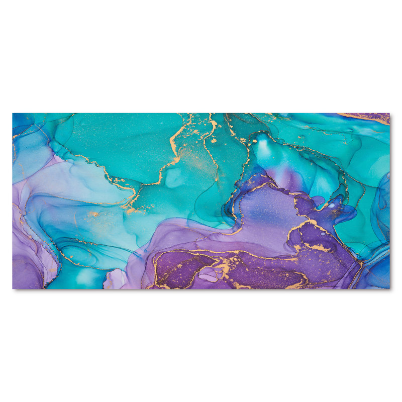 Turquoise et mauve liquide Art I - impression d'art moderne sur toile, H 28 po x l 60 po, Toile tendue