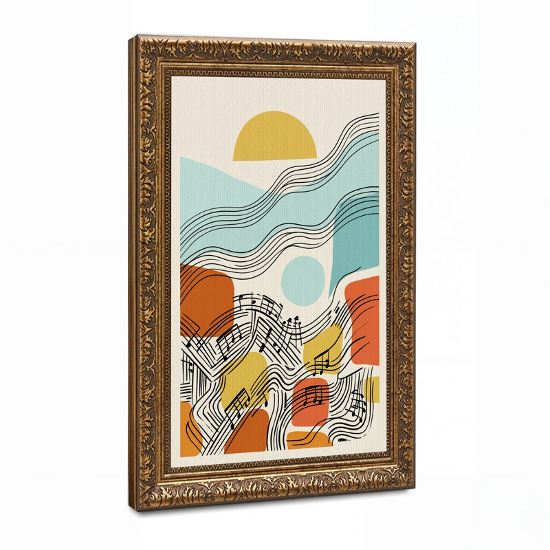 Tableau abstrait sur toile avec des notes de musique et des lignes ondulées, H 24 po x l 16 po