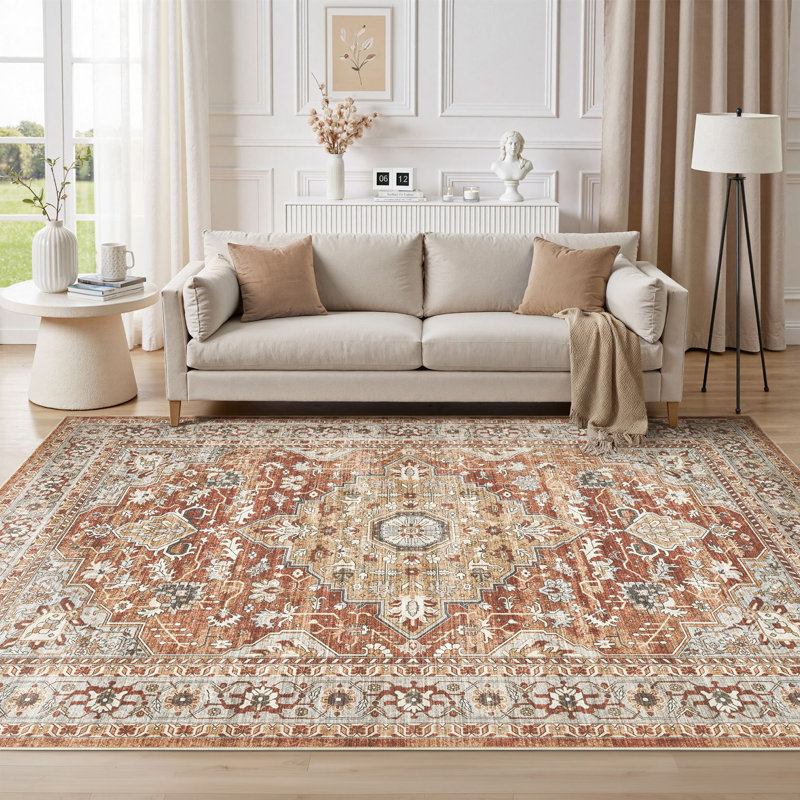 Tapis oriental lavable Aasen Boho - rouge / brun, Rouge / Brun, Rectangle 9 pi x 12 pi