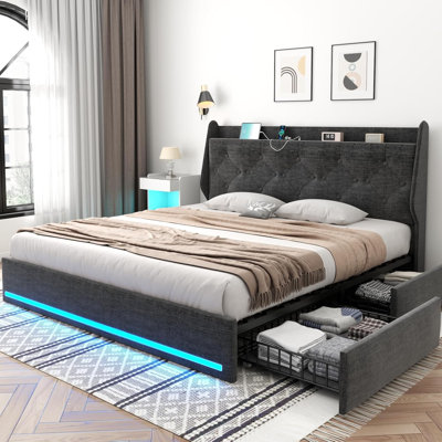 Bed Frame With 4 Storage Drawers & Charging Station, Upholstered Platform Bed With Button Tufted Wingback Storage Headboard,LED Footboard,No Box Spring Needed,Wood Slats Support,Dark Grey