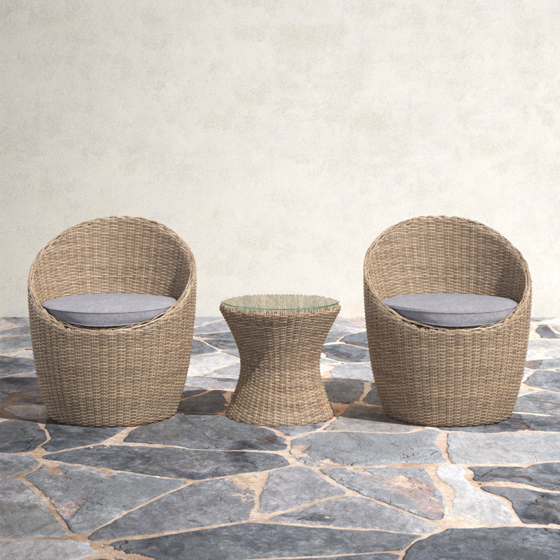 Jakeem Modern Style All-Weather Wicker Outdoor Set, 2 Chairs With Cushions and 18"H Cocktail Table