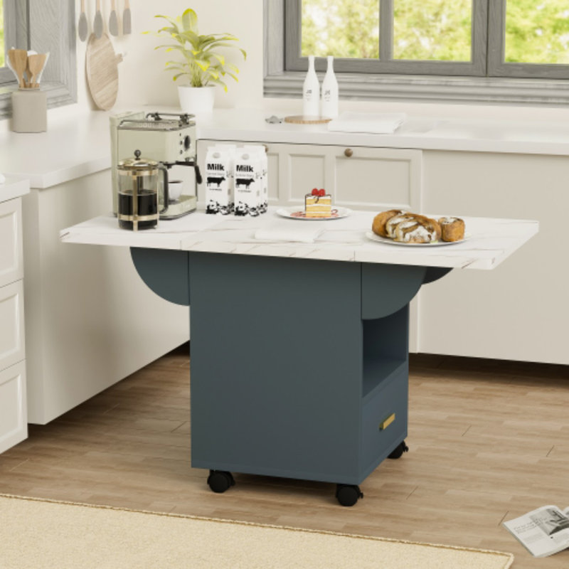 Kitchen Island with Wheels, Wooden Folding Dining Table, Multifunctional Dining Table, Marble Textured Table Top
