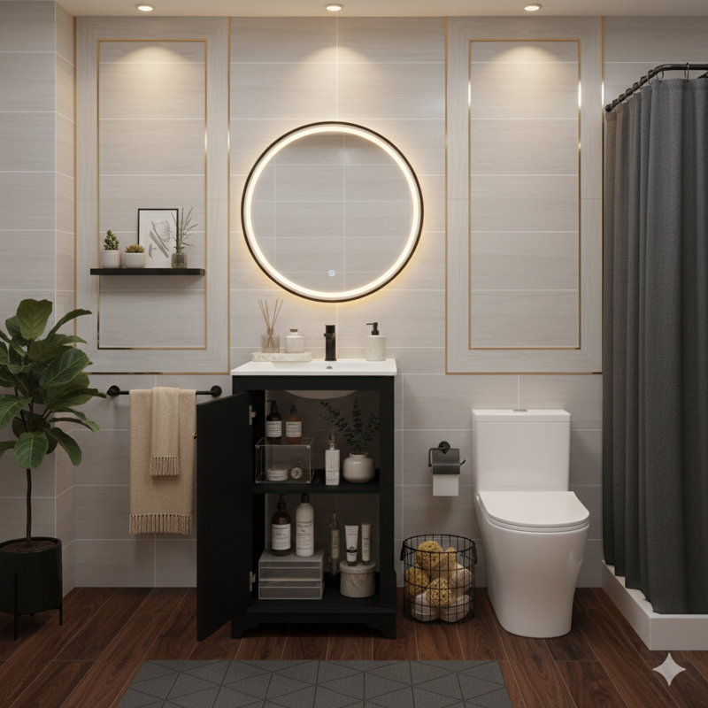 Ensemble de meuble-lavabo sur pied 20 po avec lavabo en céramique, Noir