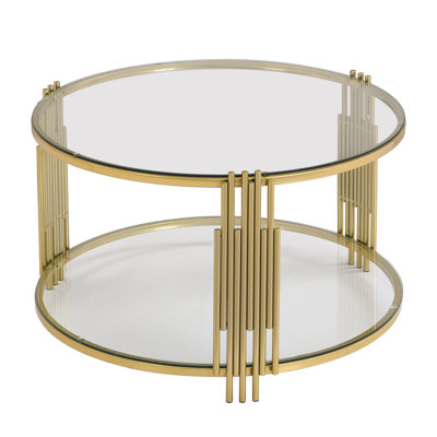 Modern Tempered Glass Coffee Table 31.5", Asymmetrical Metal Frame, Gold Drum Base, Lower Shelf For Added Space, 31.5" Table, Clear Top, Base With Extra Practical And Stylish Purposes,